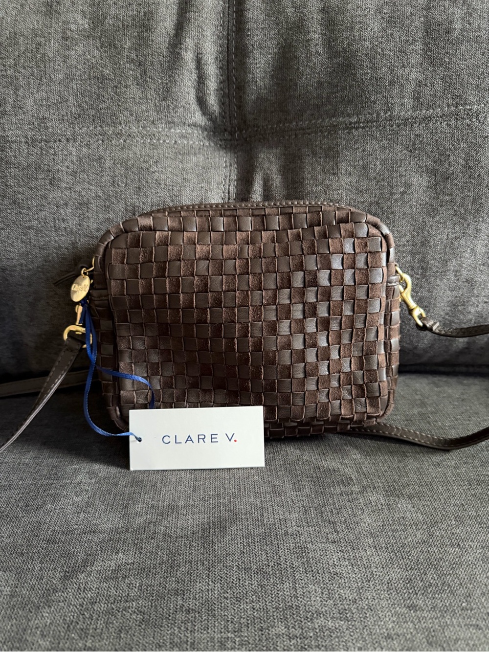 Clare V. Midi Sac Nappa & Suede Woven Checker in mahogany